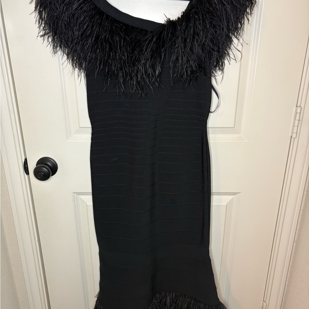 Herve Leger Black Dress with Feather Detail